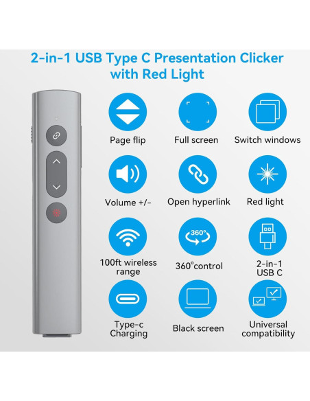 Clicker de Presentación PPTSLID 2 en 1 USB C/A Luz Roja