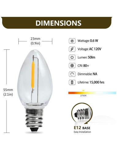 3 Bombillas LED C7 YIMILITE con Cordón Blanco y Clips