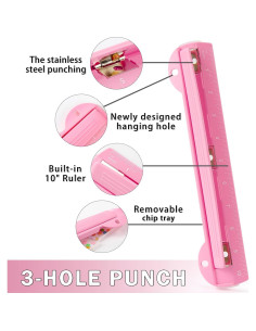 Perforadora de 3 Agujeros WORKLION Rosa con Regla 25.4 cm 2