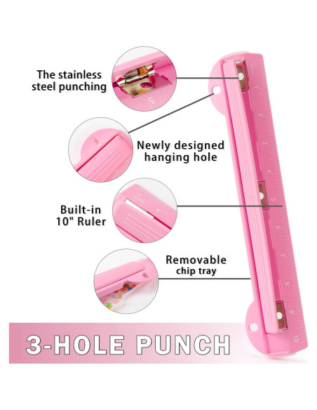 Perforadora de 3 Agujeros WORKLION Rosa con Regla 25.4 cm