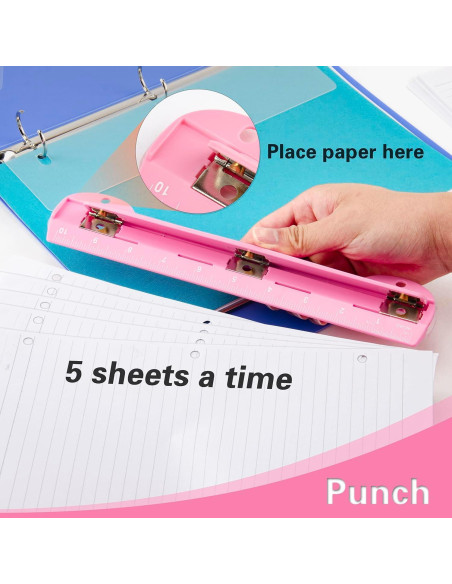 Perforadora de 3 Agujeros WORKLION Rosa con Regla 25.4 cm