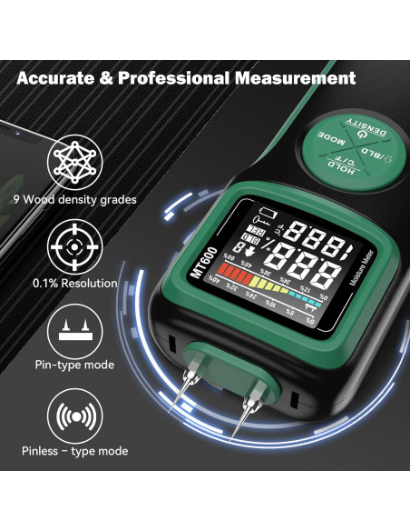 Medidor de Humedad de Madera WOODSAVR MT600-Y con Pantalla Retroiluminada