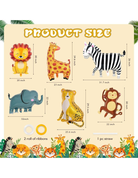 6 Globos de Aluminio Safari YOTHORN - Animales de Zoológico
