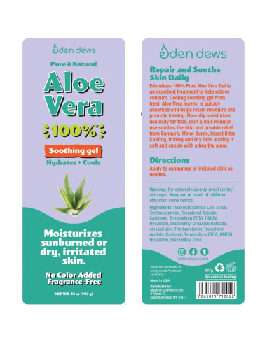 Gel de Aloe Vera Orgánico 100% Puro Eden Dews 907g Hidratante