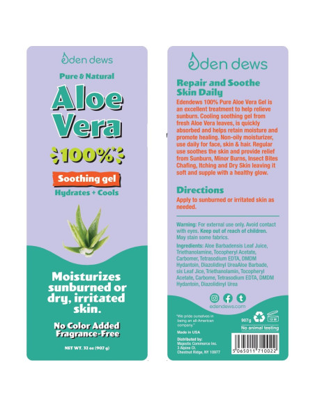 Gel de Aloe Vera Orgánico 100% Puro Eden Dews 907g Hidratante