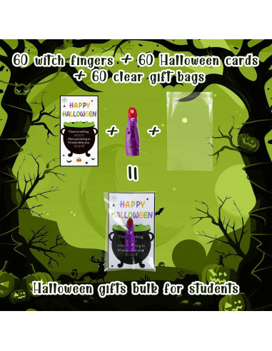 60 Dedos de Bruja Halloween Vertintong + Tarjetas y Bolsas