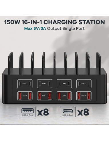 Estación de Carga Rápida 150W RUANSZZ 16 Puertos USB-C