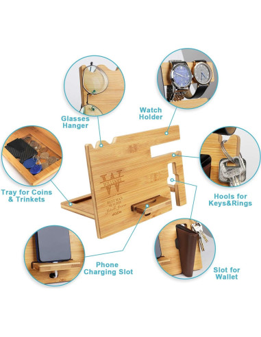 Estación de Acoplamiento de Madera Personalizada Awofer - Organizador de Mesita de Noche con Carga Inalámbrica