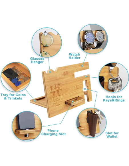 Estación de Acoplamiento de Madera Personalizada Awofer - Organizador de Mesita de Noche con Carga Inalámbrica