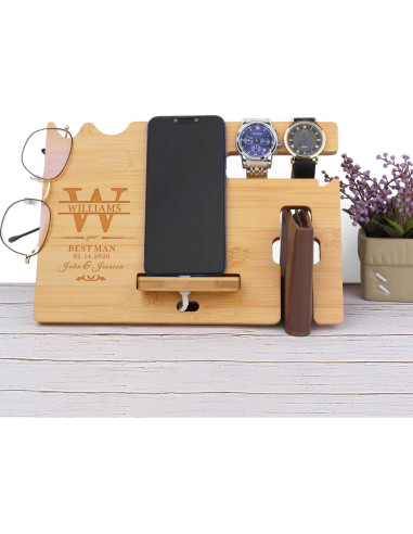 Estación de Acoplamiento de Madera Personalizada Awofer - Organizador de Mesita de Noche con Carga Inalámbrica