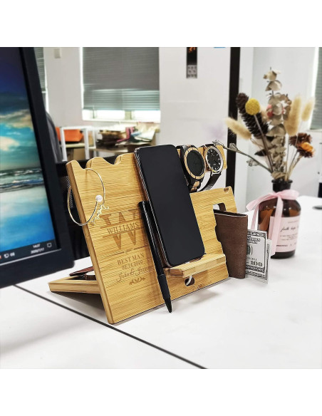 Estación de Acoplamiento de Madera Personalizada Awofer - Organizador de Mesita de Noche con Carga Inalámbrica