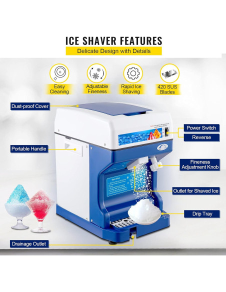 Máquina de Hielo Raspado VEVOR 500W 120kg/h Ajustable