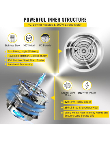 Máquina de Hielo Raspado VEVOR 500W 120kg/h Ajustable