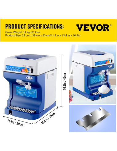Máquina de Hielo Raspado VEVOR 500W 120kg/h Ajustable