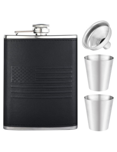 Frasco de Licor 8Oz Rachan Cuero Negro con Bandera Americana