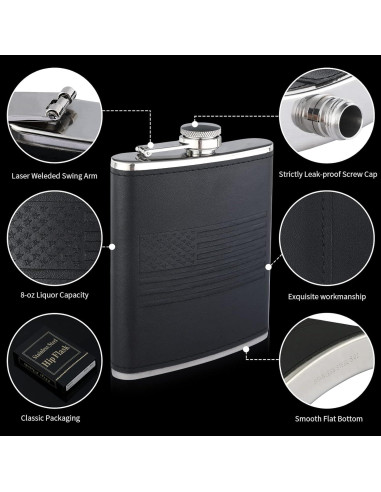 Frasco de Licor 8Oz Rachan Cuero Negro con Bandera Americana