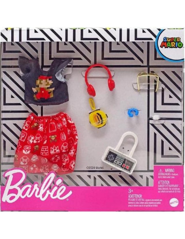 Paquete de Ropa de Moda Barbie Super Mario con 6 Accesorios