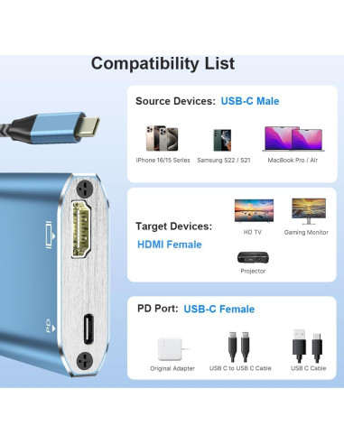 Adaptador USB C a HDMI 4K Closs TC-207-B con carga PD 100W