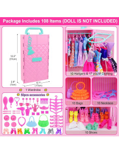 Closet de Muñecas ZITA 108 Pcs 29.21 cm Rosa con Ropa y Accesorios 2