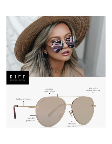 Gafas de sol aviador DIFF Lenox doradas UV400 para mujeres