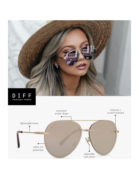 Gafas de sol aviador DIFF Lenox doradas UV400 para mujeres