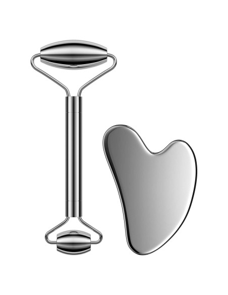 Set Rodillo Facial y Gua Sha Acero Inoxidable SSGP