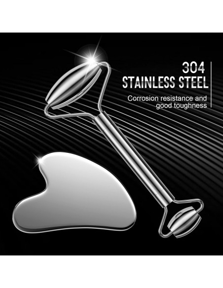 Set Rodillo Facial y Gua Sha Acero Inoxidable SSGP