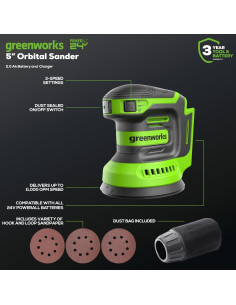 Lijadora Orbital Greenworks 24V 5" Inalámbrica con Batería 2
