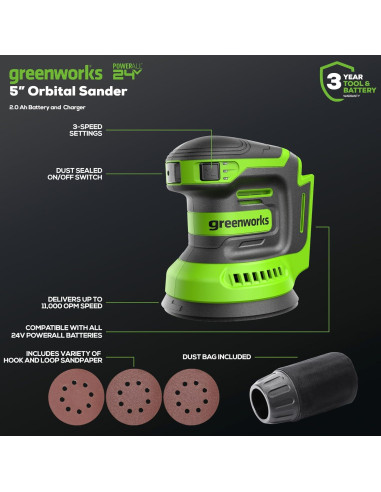 Lijadora Orbital Greenworks 24V 5" Inalámbrica con Batería