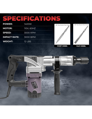 Martillo Demoledor XtremepowerUS 1400W con Cinceles y Maletín