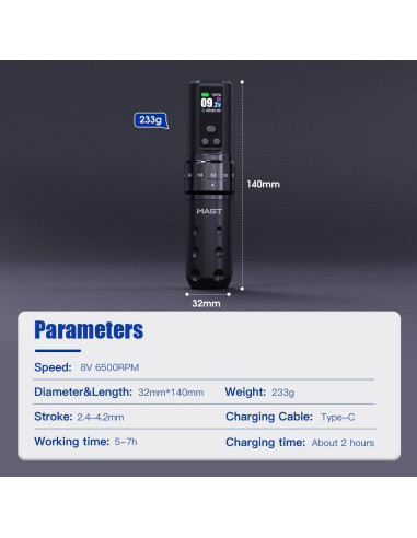 Kit de Tatuaje Inalámbrico MAST Fold2 Pro con 2 Baterías