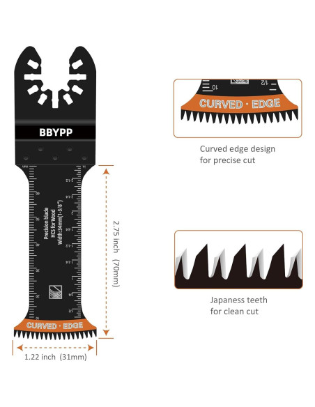 6 Hojas de Sierra Oscilante Curvadas BBYPP 6.99 cm para Madera y Plástico