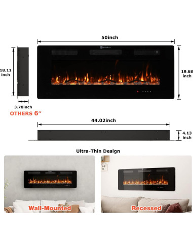 Chimenea Eléctrica Montada en Pared FODINGHILL 127x50cm 700W/1400W