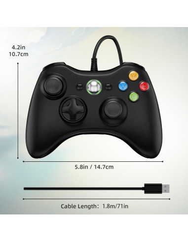 Controlador con cable ISHAKO para Xbox 360 y PC - Negro