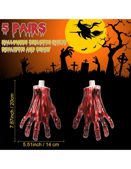 5 Pares Manos Esqueletos Halloween Sratte Rojo Sangre