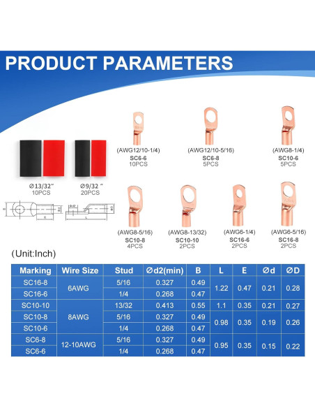 60Pcs Terminales de Cable de Cobre SQQHXX con Termocontracción