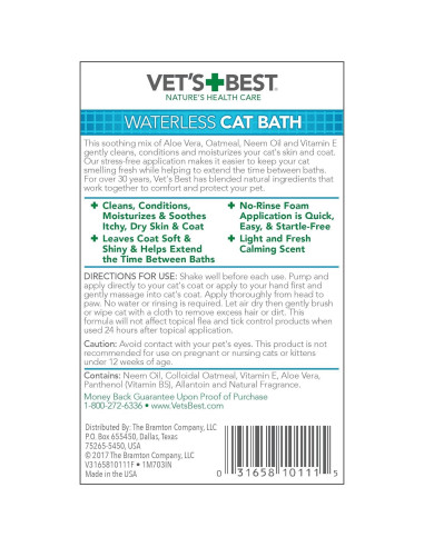 Champú Seco para Gatos Vet's Best - Espuma Sin Enjuague 113 g