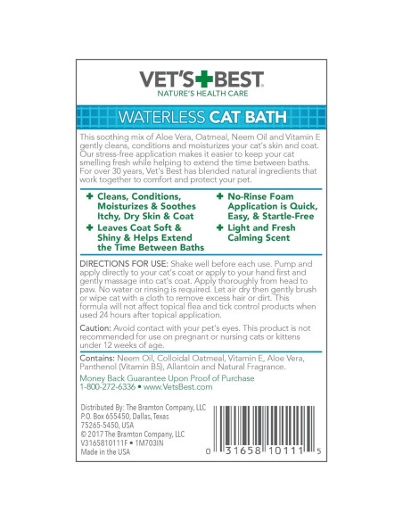 Champú Seco para Gatos Vet's Best - Espuma Sin Enjuague 113 g