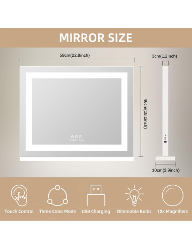 Espejo de Tocador FENCHILIN LED 57.9x45.7 cm Blanco