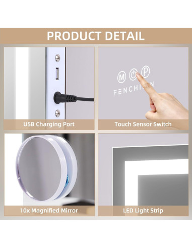 Espejo de Tocador FENCHILIN LED 57.9x45.7 cm Blanco