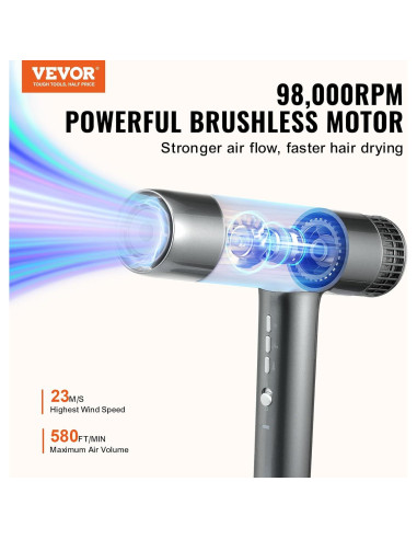 Secador de Pelo Profesional VEVOR 98,000 RPM 3 Temperaturas