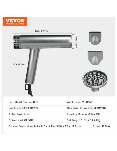 Secador de Pelo Profesional VEVOR 98,000 RPM 3 Temperaturas