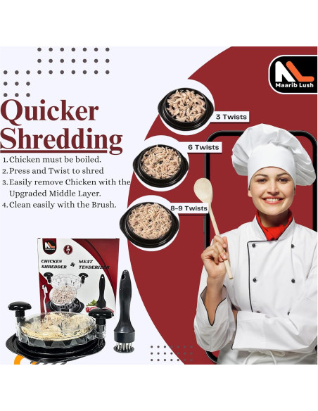 Desmenuzador de Pollo Mejorado Maarib Lush con Ablandador y Cepillo