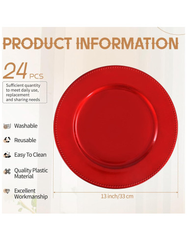 24 Platos Cargadores Rojos 33 cm Pesonlook Decorativos