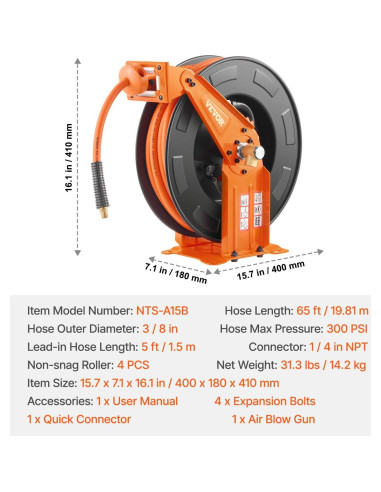 Carrete Retráctil de Manguera de Aire VEVOR 3/8" x 20m