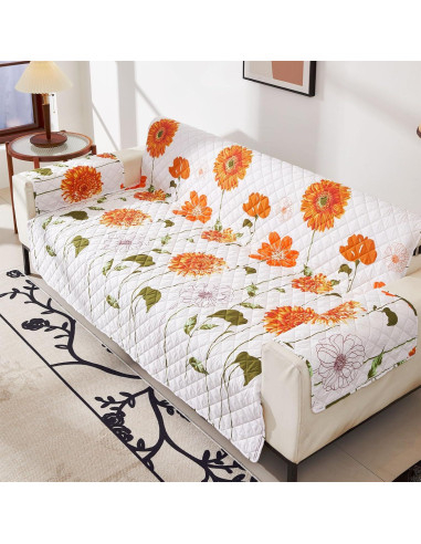 Funda de Sofá Loveseat EVENHUG Naranja Floral Antideslizante