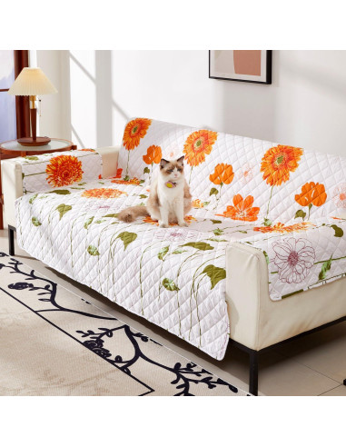 Funda de Sofá Loveseat EVENHUG Naranja Floral Antideslizante