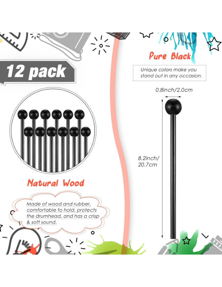 12 Mallets de Percusión de Madera con Cabeza de Goma 21.5 cm