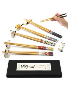 Juego de 5 Palillos de Bambú Natural M MUGIT con Soporte de Gato