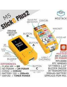 M5Stack M5StickC PLUS2 Kit Desarrollo Mini IoT 200mAh Amarillo 2